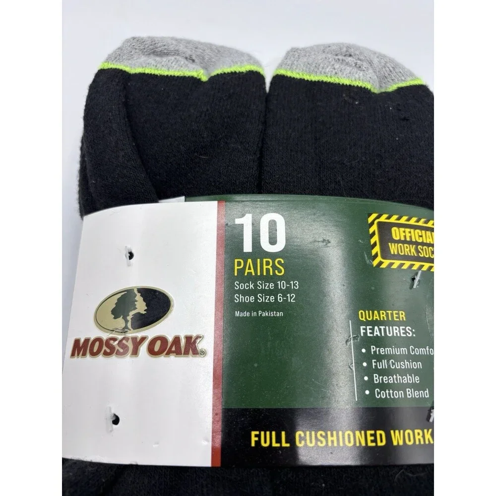MOSSY OAK Mens Full Cushioned Quarter Work Socks 10 Pairs Shoe Size 6-12 BLACK